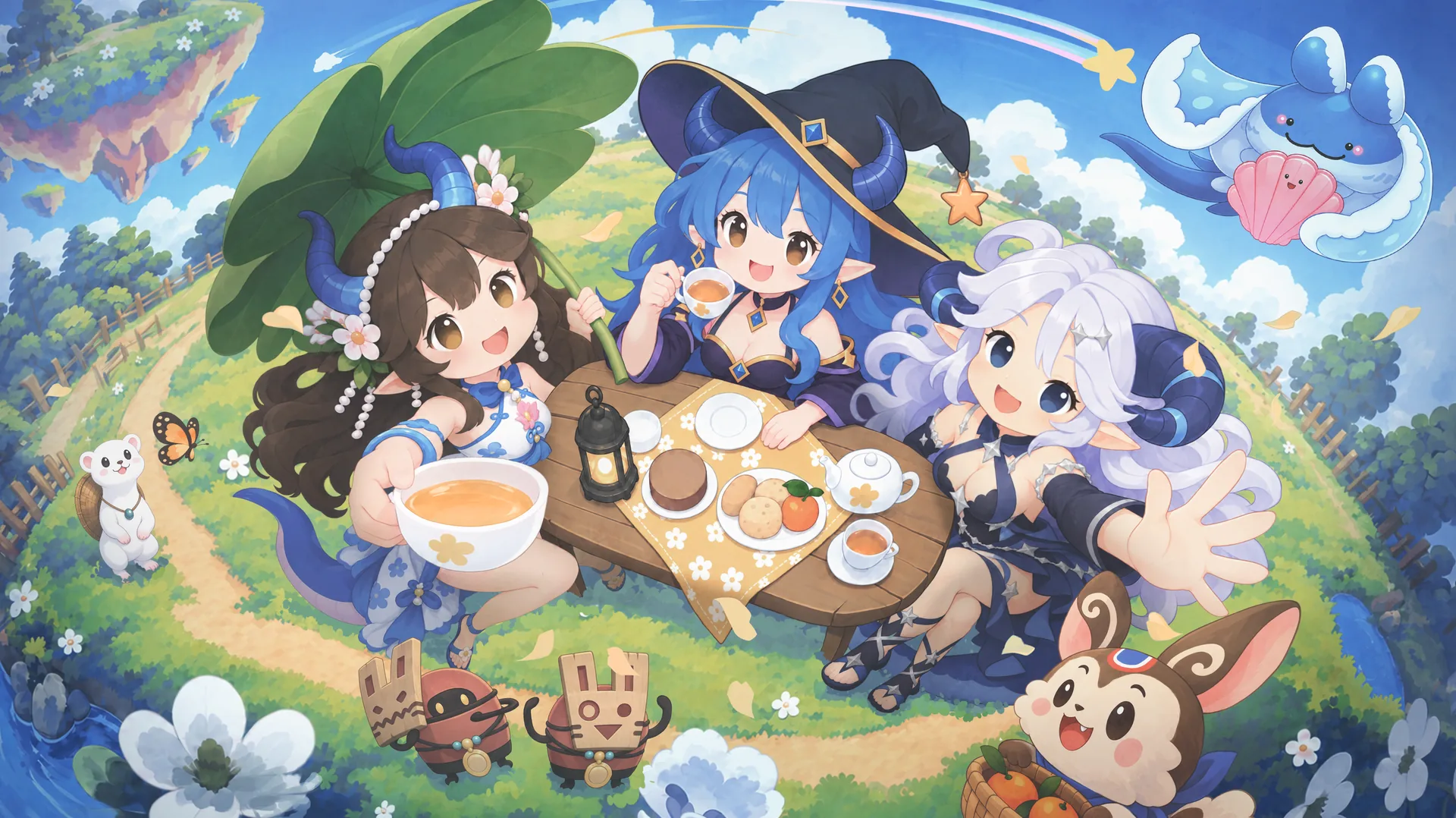 狩龍士們在草原上的龍角少女茶會